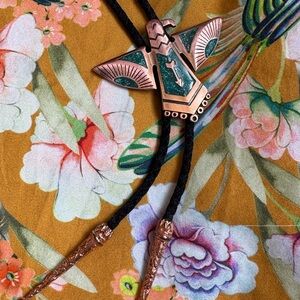 Vintage Copper Thunderbird Bolo Tie – Faux Turquoise Inlay